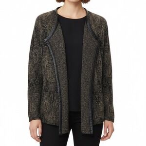 Eileen Fisher Mohair Wool Blend Open Front Leather‎ Trim Sweater Jacket XS